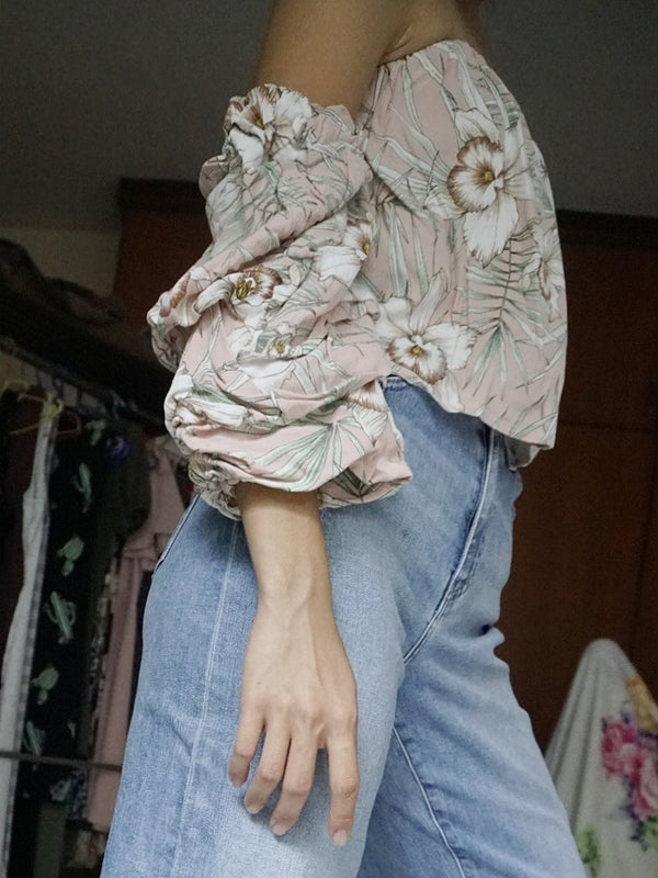 Love, Bonito Pink/Floral Printed Layered Sleeve Bustier Off-Shoulder Top